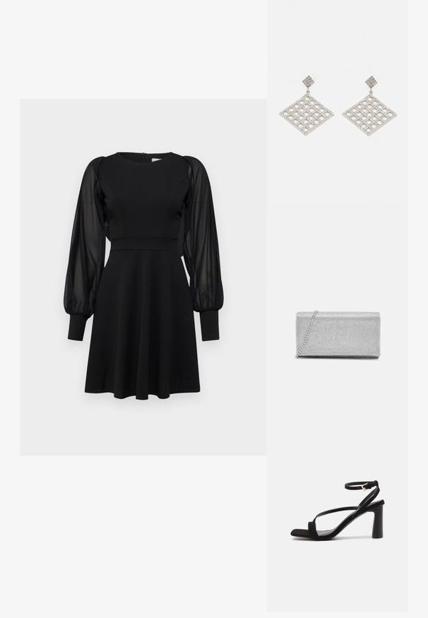 Robe noire avec un corsage ajusté, une jupe évasée et des manches bouffantes transparentes. Présente un col rond et une fermeture éclair au dos.; Sandale à talon noir avec une finition en daim, dotée d'un bout carré, de fines lanières et d'une boucle à la cheville. Le talon est cylindrique et solide.; Pochette en métal argenté avec un design en maillage tissé, de forme rectangulaire, et une chaîne pour le transport. Texture lisse et finition polie.; ALDO TAYNY - Boucles d'oreilles - silver-coloured/clear
