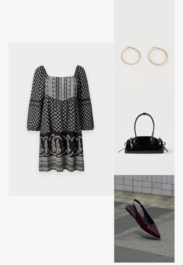 Vestido negro con estampado floral, escote cuadrado, mangas largas de campana y dobladillo en capas. Presenta patrones bordados en blanco a lo largo de toda la prenda.; Zapato plano tipo slingback de charol burdeos con punta puntiaguda flotando sobre un pavimento texturizado cerca de una pared con azulejos.; Pequeño bolso negro brillante con dos asas largas y detalles de cordón lateral sobre un fondo claro liso.; Par de pendientes de aro de tamaño mediano con tono dorado y cierre de bisagra sobre un fondo claro y liso.