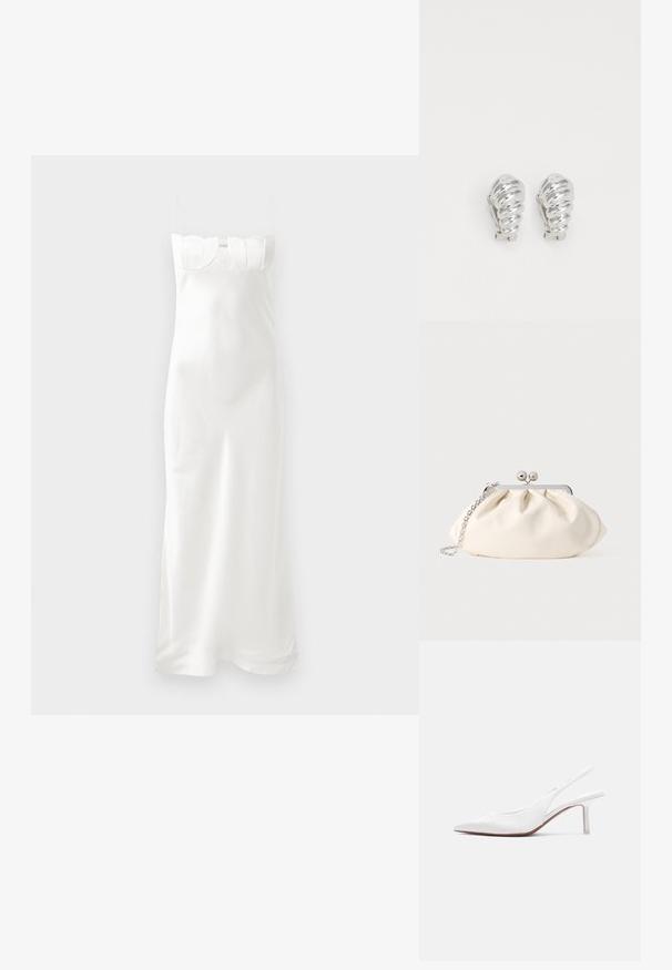 Robe satinée blanche à fines bretelles, corsage moulant avec un décolleté en forme de vagues et une silhouette fluide, longueur cheville.; Chaussure pour femme en cuir blanc avec bride arrière, bout pointu, petit talon kitten bas et petit nœud décoratif sur le dessus, vue de profil latéral.; Pochette en tissu crème avec un design froncé, cadre en métal argenté, deux boules décoratives, et une bandoulière chaîne argentée.; Boucles d'oreilles en clip argentées avec un design en spirale, présentant une texture métallique lisse et des formes arrondies. Pas d'embellissements ou de motifs visibles.