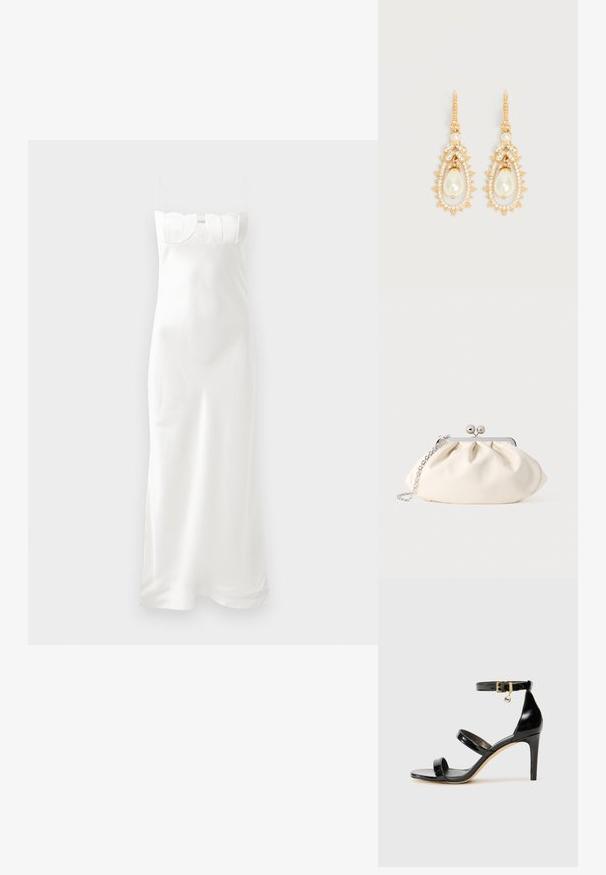 Robe satinée blanche à fines bretelles, corsage moulant avec un décolleté en forme de vagues et une silhouette fluide, longueur cheville.; Sandale en cuir verni noir avec trois brides, boucle de cheville et talon aiguille de 10 cm. Présente un détail en métal doré et un charm logo.; Pochette en tissu crème avec un design froncé, cadre en métal argenté, deux boules décoratives, et une bandoulière chaîne argentée.; Boucles d'oreilles pendantes en ton or avec des perles fantaisie en forme de larme, entourées de petits cristaux clairs et d'ornements en cristal en forme de feuille.