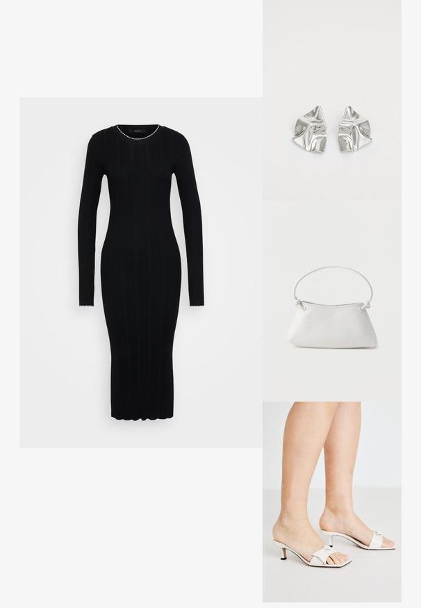 Vero Moda Tall VMNINA O NECK CALF - Šaty do práce - black/birch; Biele sandále s ihlou, so štvorcovou špičkou a ozdobou v podobe mašle. Hladký kožený materiál s nízkym stiletto podpätkom a kontrastnou čiernou podrážkou.; Biela tkaná kožená kabelka s okrúhlou rukoväťou a uzlovými koncami popruhov, vystavená na jednoduchom pozadí.; Strieborné kovové náušnice s vlnitým, sochárskym dizajnom, s lešteným povrchom a nepravidelnými tvarmi, ktoré zvýrazňujú súčasnú estetiku.