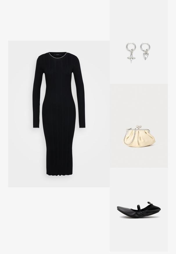 Vero Moda Tall VMNINA O NECK CALF - Šaty do práce - black/birch; Čierna zložená kožená baletná balerína s jedným remienkom a striebornou prackou na jednotnom svetlom pozadí.; Zhlý béžový kožený klobúk so strieborným kovovým rámom, ktorý má dve okrúhle dekoratívne zámky a strieborný reťazový popruh.; Strieborné kruhové náušnice s príveskom v tvare kríža a srdca. Hladký, lesklý povrch s lešteným dokončením. Každý prívesok visí na bezpečnej slučke.