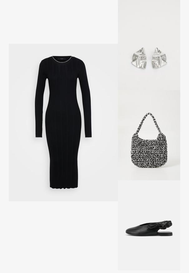 Vero Moda Tall VMNINA O NECK CALF - Vestido de tubo - black/birch; Zapato de mujer plano negro con talón descubierto, punta puntiaguda y tira elástica fruncida en el talón sobre un fondo blanco.; Bolso de mano tejido en blanco y negro con forma redondeada, superficie texturizada y asa trenzada. Adecuado para uso casual.; Pendientes de metal plateado con un diseño ondulado y escultórico, que presentan un acabado pulido y formas irregulares, destacando una estética contemporánea.