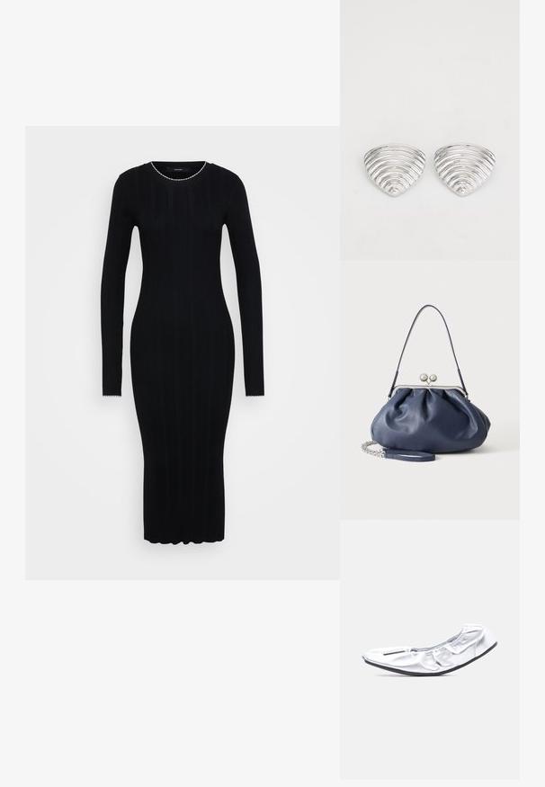 Vero Moda Tall VMNINA O NECK CALF - Šaty do práce - black/birch; Strieborné mäkké baletné baleríny s elastickým otvorom a tenkou čiernou podrážkou, fotografované na svetlošedom pozadí.; Mäkká námornícky modrá kožená kabelka so strieborným zapínaním, jedným ramenným popruhom a odnímateľným reťazovým náramkom na bielom pozadí.; Strieborné náušnice s vlnitým, textúrovaným dizajnom v tvare prekrývajúcich sa polmesiacov; leštený povrch zvyšuje odrazové vlastnosti.