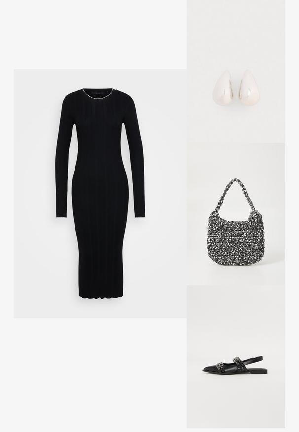 Vero Moda Tall VMNINA O NECK CALF - Etui-jurk - black/birch; Even&Odd by Zalando Slingback ballerina´s - black; Geweven handtas in zwart en wit met een ronde vorm, gestructureerd oppervlak en een gevlochten handvat. Geschikt voor dagelijks gebruik.; Zilveren metalen druppeloorbellen met een gladde, reflecterende oppervlakte en een druppelvorm, voorzien van een naadloos ontwerp en zonder zichtbare versieringen.