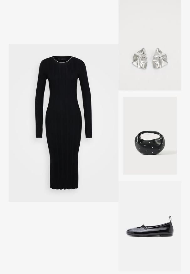 Vero Moda Tall VMNINA O NECK CALF - Etui-jurk - black/birch; Zwarte gepoetste leren balletschoenen met een ronde neus, een klein strikje en een gladde textuur; heeft een lage platte zool en een lusje aan de hiel.; Zwarte leren handtas met een afgeronde vorm, versierd met zilveren studs, en een korte handgreep. Gladde textuur en ritsluiting.; Zilveren metalen oorbellen met een golvend, sculpturaal ontwerp, voorzien van een gepolijste afwerking en onregelmatige vormen, die een hedendaagse esthetiek benadrukken.