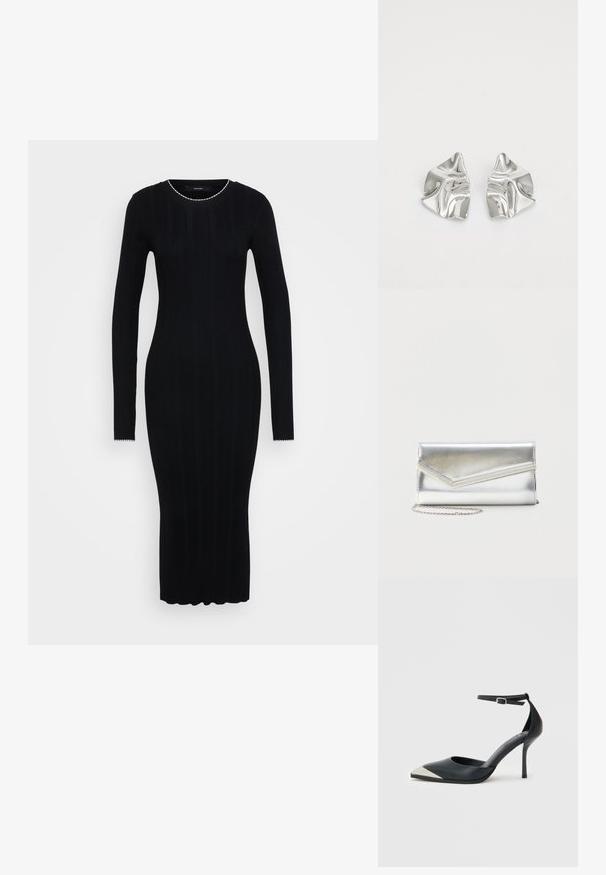 Vero Moda Tall VMNINA O NECK CALF - Robe fourreau - black/birch; Chaussure à talon haut noire à bout pointu avec embout métallique argenté et bride à la cheville avec fermeture à boucle sur fond blanc.; Pochette argentée brillante avec rabat style enveloppe et garniture décorative, petite bandoulière chaîne argentée, sur fond clair uni.; Boucles d'oreilles en métal argenté avec un design ondulé et sculptural, présentant une finition polie et des formes irrégulières, mettant en valeur une esthétique contemporaine.