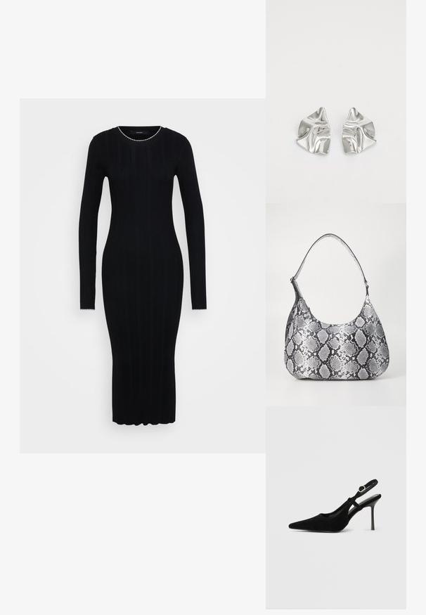 Vero Moda Tall VMNINA O NECK CALF - Etui-jurk - black/birch; Zwarte suède slingback hak met puntige neus, slanke stiletto hak, verstelbare enkelriem en gladde binnenvoering.; Zwart-witte slangenprint schoudertas met een afgeronde vorm, een gladde textuur en een ronde strap. Voorzien van een zilveren hardwareaccent.; Zilveren metalen oorbellen met een golvend, sculpturaal ontwerp, voorzien van een gepolijste afwerking en onregelmatige vormen, die een hedendaagse esthetiek benadrukken.