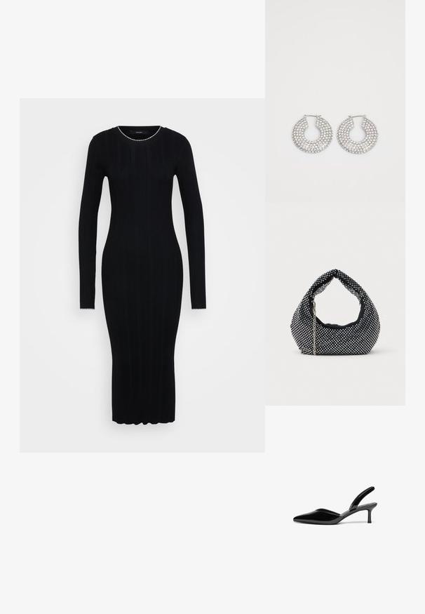 Vero Moda Tall VMNINA O NECK CALF - Vabalt langev kleit - black/birch; Mustad nahast slingback kontsad terava ninaga, madala stilettokontsa ja sõbraliku, lihtsa kujundusega ilma dekoratsioonideta.; Must mustraga, mis on kaunistatud hõbedaste studidega, kõverate käepidemete ja kettiga rihmaga. Pehme tekstuur ja ümar kuju.; Hõbedased rõngaskõrvarõngad, millel on mitmeid selgeid kristallitoot.