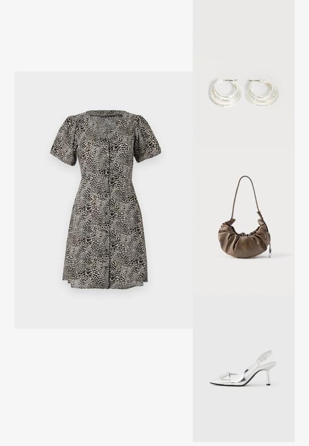 Leopardprintkjole med korte pufærmer, V-udskæring og knaplukning foran. Lavet af letvægtsstof med en flagrende nederdel.; Sølv slingback-høje hæle med spids tå, blank finish og et rektangulært pynt foran, med en slank hæl og justerbar rem.; Brun lædertaske med et rynket design, blød tekstur, enkelt justerbart rem og en sølvaccent. Kompakt, rundet form.; Sølv hoop øreringe med tre lagdelte halvcirkelformede bånd, hvoraf det ene er udsmykket med små klare krystaller på en lys baggrund.