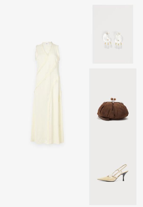 Robe sans manches, de style portefeuille, en jaune pâle avec un décolleté en V. Présente des bords effilochés le long des coutures et a une silhouette fluide. Texture de tissu douce.; Escarpin slingback beige à bout pointu avec fines brides et boucle argentée sur un talon aiguille noir de hauteur moyenne sur fond blanc.; Petit sac poignet en daim marron doux avec cadre en métal argenté et boules rondes marron de fermeture sur fond clair uni.; Boucles d'oreilles en résine transparente en forme de coquillage avec de petits accents dorés et trois breloques translucides en forme de goutte pendantes sur chaque boucle d'oreille.