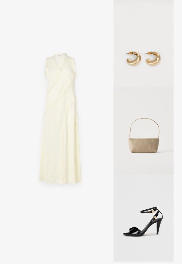 Robe sans manches, de style portefeuille, en jaune pâle avec un décolleté en V. Présente des bords effilochés le long des coutures et a une silhouette fluide. Texture de tissu douce.; Sandale à talon haut en cuir verni noir avec double bride de cheville et boucles dorées, bout ouvert, et talon effilé sur fond neutre.; Sac à main tissé beige avec fine bandoulière et petit logo doré "BOSS" à l'avant, présenté sur fond blanc uni.; Deux boucles d'oreilles en forme de cerceau en or brillant, avec un design courbé, présentant des accents orange près de la tige, sur fond blanc uni.