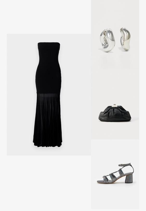 Robe noire sans bretelles avec un corsage ajusté et une jupe plissée fluide. Fabriquée dans un tissu lisse, la partie inférieure présente des plis verticaux.; Mansur Gavriel DAY DREAM - Sandales - glitter; Pochette en cuir noir avec une texture plissée, fermeture à fermoir métallique, et logo embossé discret sur le devant. Forme arrondie.; Boucles d'oreilles sculpturales en argent avec des formes douces et courbes et des surfaces réfléchissantes. Présentent un design de boucle fermée et une forme organique distincte.