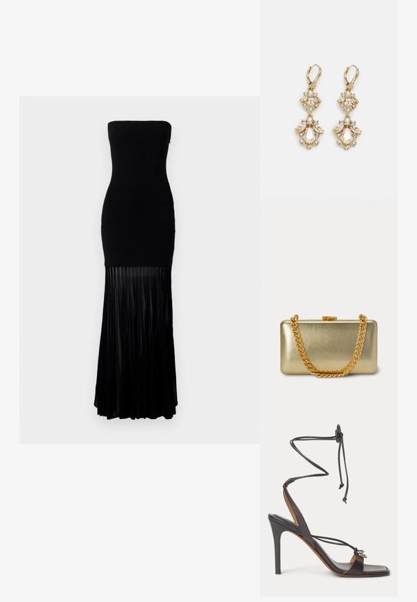 Robe noire sans bretelles avec un corsage ajusté et une jupe plissée fluide. Fabriquée dans un tissu lisse, la partie inférieure présente des plis verticaux.; Sandale noire à talon haut avec fines lanières enveloppant la cheville, bout ouvert et anneaux décoratifs argentés sur la bride avant, sur fond blanc.; Pochette rectangulaire brillante dorée avec une chaîne dorée et un petit fermoir en haut sur un fond clair.; Boucles d'oreilles pendantes dorées présentant un design en grappe avec des cristaux clairs ronds et en forme de goutte, mettant en valeur des détails élaborés.