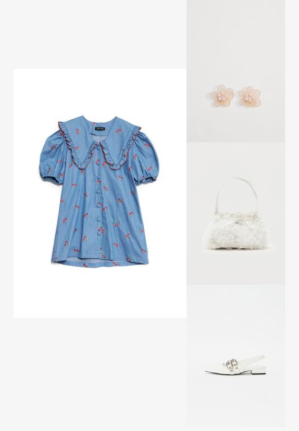 Lichtblauw denim shirt met opgestoken mouwen, oversized gerimpelde kraag, rode kersenborduursel en zes knopen aan de voorkant.; Witte leren slingback schoen met een spitse neus, zilveren gesp-accenten en een lage blokhak. Gladde textuur met minimale details.; Kleine witte handtas met stoffen rozen die het geheel bedekken en een dunne, enkele band als handvat, op een effen achtergrond.; Set van beige bloemvormige oorstekers met doorschijnende blaadjes en kleine ronde kraaltjes die in het midden op een witte achtergrond gegroepeerd zijn.
