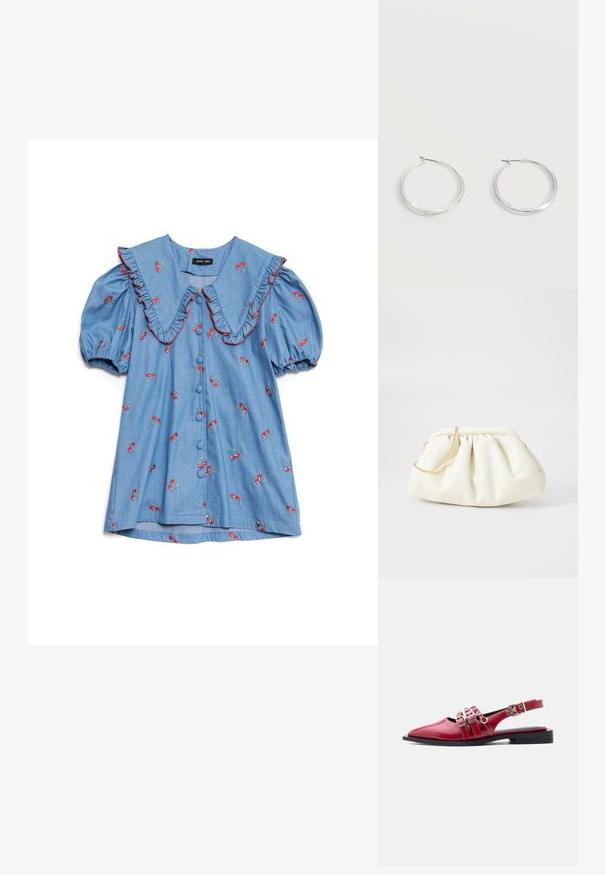 Lichtblauw denim shirt met opgestoken mouwen, oversized gerimpelde kraag, rode kersenborduursel en zes knopen aan de voorkant.; Rode puntige platte slingback schoen met drie zilveren gespen en lage zwarte hak op een witte achtergrond.; Witte leren handtas met een geassembleerd ontwerp, voorzien van een gouden kettingband en een ronde vorm. Gladde textuur met zachte plooien en geen patronen.; Zilverkleurige metalen creolen oorbellen met een glad, licht gebogen oppervlak en sluitingen met haaksluiting op een effen witte achtergrond.