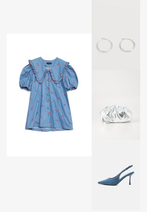 Hellblaues Jeanshemd mit puffärmel, übergroßem Rüschensaum, roter Kirschenstickerei und sechs Knöpfen vorne.; Blauer Denim-Pumps mit spitz zulaufender Vorderkappe, silbernen Ösendetails und verstellbarem Schnallenriemen.; Metallisch silberne Clutch-Tasche mit einem weichen, gerafften Körper und einem dünnen Schultergurt. Sie verfügt über eine glatte, glänzende Textur und eine abgerundete Form.; Silberne Metallcreolen mit glatter, leicht gebogener Oberfläche und Klappverschluss vor schlicht weißem Hintergrund.