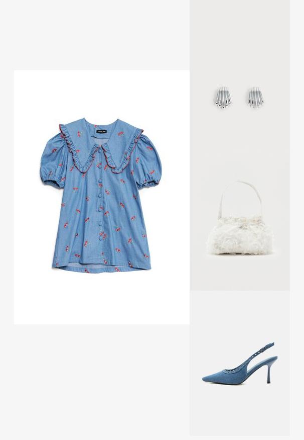 Chemise en denim bleu clair avec des manches bouffantes, un col volanté oversize, une broderie de cerises rouges et six boutons sur le devant.; Chaussure à talon haut slingback en denim bleu à bout pointu avec détails œillets argentés et bride réglable à boucle.; Petit sac à main blanc orné de roses en tissu recouvrant le corps et d'une fine anse unique, sur un fond uni.; Paire de boucles d'oreilles argentées brillantes avec un design à barrettes courbées superposées, affichées sur un fond clair uni.