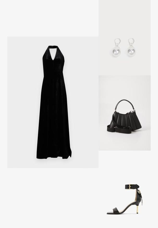 Schwarzes Samt-Halterkleid mit tiefem V-Ausschnitt und bodenlanger Rock auf weißem Hintergrund.; Schwarze Leder-Absatzsandale mit quadrater Zehenform, Fesselriemen mit einer goldenen Schnalle und einem schlanken, metallischen Absatz. Glatte Textur, minimalistisches Design.; Schwarze, gefaltete Handtasche mit einem runden Griff, verstellbarem Schulterriemen und glänzender Textur. Verfügt über silberne Hardware und eine strukturierte Silhouette.; Silberne Tropfenohrringe mit glatten, runden, reflektierenden Oberflächen, die an Hakenverschlüssen hängen. Der Hintergrund ist reinweiß.