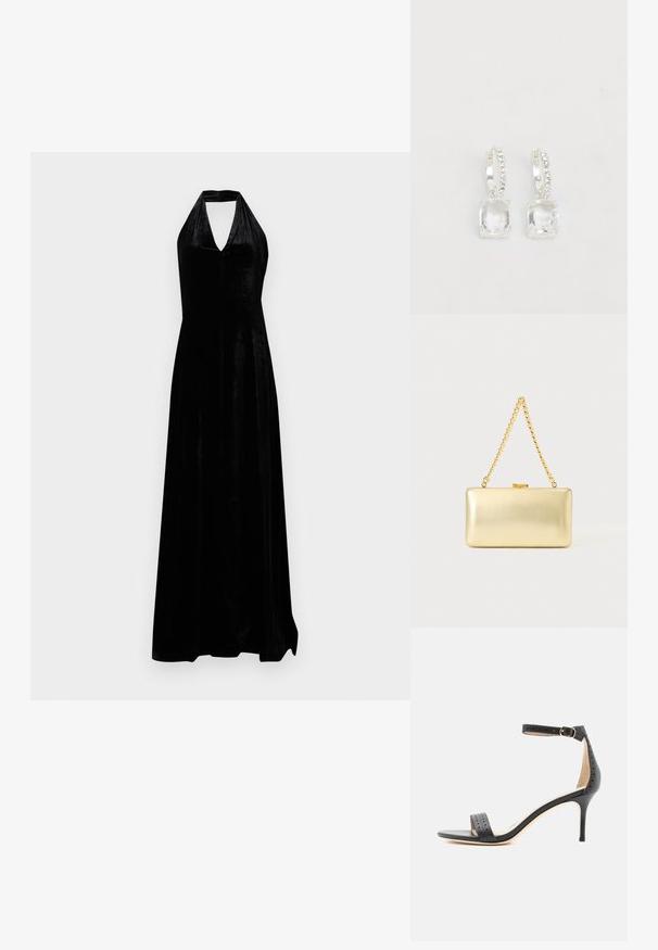 Schwarzes Samt-Halterkleid mit tiefem V-Ausschnitt und bodenlanger Rock auf weißem Hintergrund.; Schwarze Sandale aus Leder mit Absatz, perforierten Details, offenem Zehenbereich, Knöchelriemen mit goldener Schnalle und schlankem Stiletto-Absatz.; Rechteckige goldene Clutch mit glänzender Oberfläche, Metallverschluss und kurzem goldenen Kettenhenkel vor hellem, einfarbigem Hintergrund.; Kristall Tropfen Ohrringe mit quadratischen klaren Steinen, Metall in Silberoptik und kleinen runden Akzenten entlang des Creolen. Polierte Oberfläche, filigrane Details.
