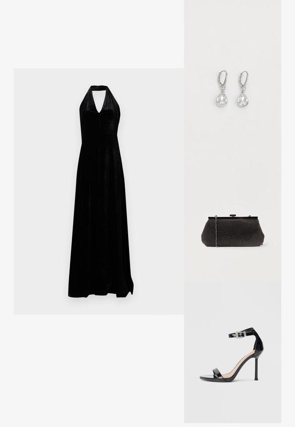 Schwarzes Samt-Halterkleid mit tiefem V-Ausschnitt und bodenlanger Rock auf weißem Hintergrund.; Schwarzer Riemchensandale aus Lackleder mit hohem Absatz und Knöchelriemen. Verfügt über ein minimalistisches Design, offene Zehenpartie und eine Schnalle mit Strassakzenten.; Schwarze Mesh-Clutch mit strukturierter Silhouette, verziert mit kleinen metallic-nieten, besitzt einen Verschluss mit Klappe und einen abnehmbaren Kettenriemen.; Silberne Klappcreolen mit birnenförmigen klaren Kristallen mit facettierten Oberflächen, die an einem kleinen runden Akzentdetail hängen.