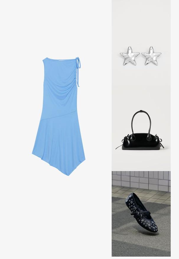 Vestido sin mangas de color azul claro, hecho de una tela suave, con detalle de fruncido en un lado, dobladillo asimétrico y un lazo en el hombro.; Zapato plano de cuero negro con cortes circulares y ojales decorativos. Cuenta con doble correa ajustable y diseño de puntera redondeada.; Pequeño bolso negro brillante con dos asas largas y detalles de cordón lateral sobre un fondo claro liso.; Pendientes en forma de estrella plateada con una superficie pulida y brillante. Cada pendiente presenta cinco puntas y sutiles detalles de textura en la superficie.