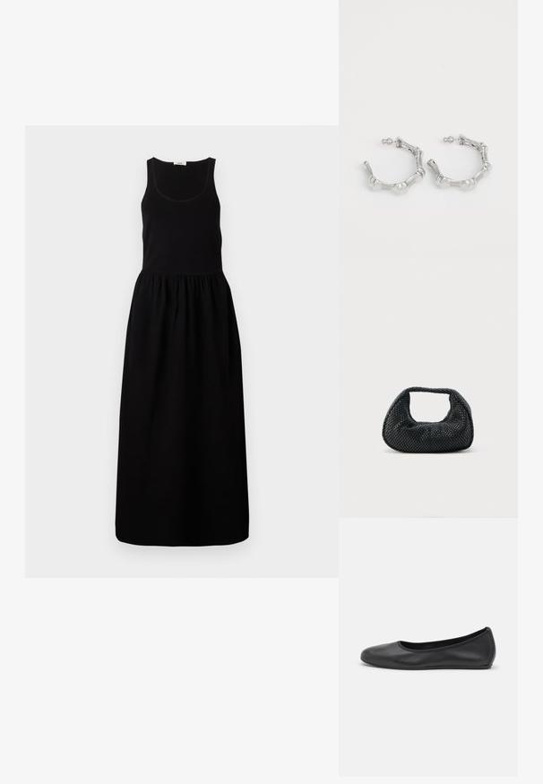 Zwart mouwloos maxi-jurk met een aansluitend lijfje, gathered taille en een vloeiende rok. Gemaakt van een zachte stof met een gladde textuur.; Zwarte leren ballerina met een ronde neus, gladde textuur, minimale stikdetails en een flexibele zoolontwerp.; Zwarte geweven hobo-tas met een zachte structuur en geïntegreerd handvat, weergegeven op een effen lichte achtergrond.; Zilveren oorringen met een gestructureerd, bobbelig ontwerp. Gemaakt van metaal, met een veilige paatsluiting en een gepolijste afwerking.