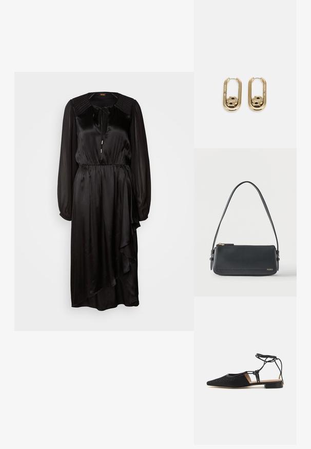 Schwarzes Satin-Kleid mit langen Ärmeln, rundem Ausschnitt und Bindedetail. Verfügt über eine geraffte Taille und einen asymmetrischen Saum mit Drapierung.; Schwarze flache Schuhe mit einer spitzen Zehe, strukturiertem Obermaterial, Knöchelbindern und einem niedrigen Blockabsatz. Das Material weist ein dezentes Muster auf.; Schwarze rechteckige Lederschultertasche mit goldenem Reißverschluss und kleinem goldenem "HUGO"-Logo auf der Vorderseite, mit verstellbarem Riemen und Schnalle.; BOSS DOUBLE B SWING - Ohrringe - gold-coloured
