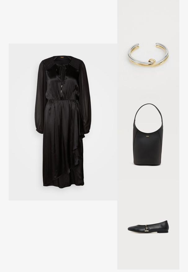 Schwarzes Satin-Kleid mit langen Ärmeln, rundem Ausschnitt und Bindedetail. Verfügt über eine geraffte Taille und einen asymmetrischen Saum mit Drapierung.; Schwarzer flacher Lederschuh mit abgerundeter Spitze und kleinem goldenen Schnallendetail an der Seite, gezeigt auf einem schlichten hellen Hintergrund.; Schwarze Leder-Bucket-Bag mit einem einzelnen Schulterriemen und kleinem goldfarbenem BOSS-Logo, zentriert nahe der oberen Vorderseite.; Metallarmband mit ineinander verschlungenen Silber- und Goldbändern sowie einer glatten, polierten Oberfläche. Auffälliges Knotendetail in der Mitte.
