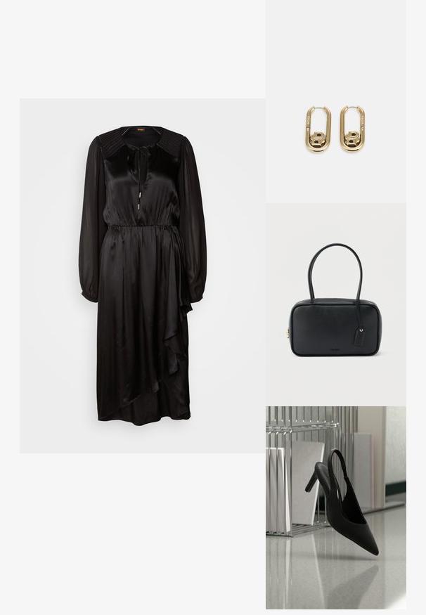 Robe en satin noir avec des manches longues, un col rond et un détail à nouer. Présente une taille froncée et un ourlet asymétrique avec drapés.; Chaussure à talon haut à bout pointu et bride arrière suspendue en l'air au-dessus d'un sol brillant avec des classeurs empilés en arrière-plan.; Sac à main rectangulaire noir avec doubles poignées arrondies, fermeture éclair dorée et logo "HUGO" embossé sur le devant avec une étiquette en cuir attachée.; BOSS DOUBLE B SWING - Boucles d'oreilles - gold-coloured