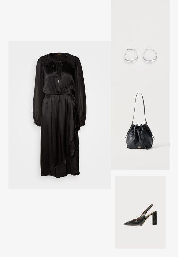Schwarzes Satin-Kleid mit langen Ärmeln, rundem Ausschnitt und Bindedetail. Verfügt über eine geraffte Taille und einen asymmetrischen Saum mit Drapierung.; Schwarzer Leder-Damenslingback-Pumps mit spitzer Zehenpartie und dickem hohem Blockabsatz auf weißem Hintergrund.; Schwarze Leder-Bucket-Bag mit Kordelzugverschluss, einzelne Schulterriemen und kleinem goldfarbenem "HUGO"-Logo in der Mitte vorne.; Silberne Creolen mit glänzender Oberfläche und DKNY-Logo, vor einem schlichten weißen Hintergrund präsentiert.