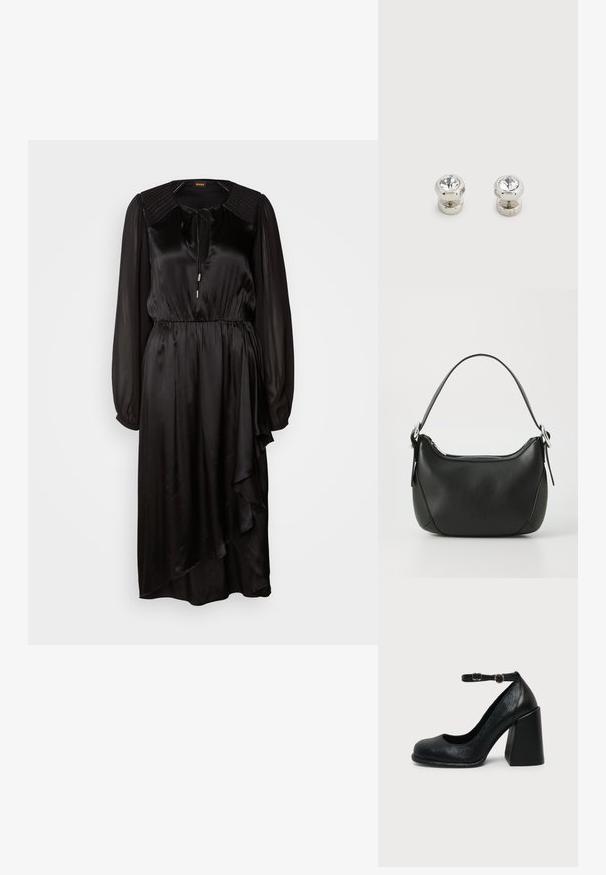 Schwarzes Satin-Kleid mit langen Ärmeln, rundem Ausschnitt und Bindedetail. Verfügt über eine geraffte Taille und einen asymmetrischen Saum mit Drapierung.; Schwarzer Leder-Pumps mit abgerundetem Zehenbereich und verstellbarem Knöchelriemen mit goldener Schnalle auf schlichter heller Hintergrundfläche.; Schwarze Ledertasche mit geschwungener Form, silbernem Reißverschluss und kurzem Griff. Verfügt über ein dezentes Logo auf der Vorderseite und eine glatte Textur.; Paar silberfarbener Stecker-Manschettenknöpfe mit klaren, rund geschliffenen Kristallen obenauf, dargestellt vor einem schlichten weißen Hintergrund.