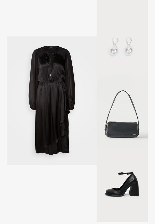 Vestido de satén negro con mangas largas, un escote redondo y un detalle de lazo. Presenta una cintura fruncida y un dobladillo asimétrico con drapeado.; Zapato negro de cuero con tacón alto, punta redondeada y correa ajustable en el tobillo con hebilla dorada sobre fondo liso claro.; Bolso de hombro rectangular de cuero negro con cremallera dorada y pequeño logo dorado "HUGO" en el frente, con una correa ajustable con hebilla.; Pendientes de plata en forma de gota con superficies redondas y reflectantes colgando de cierres de palanca. El fondo es blanco liso.