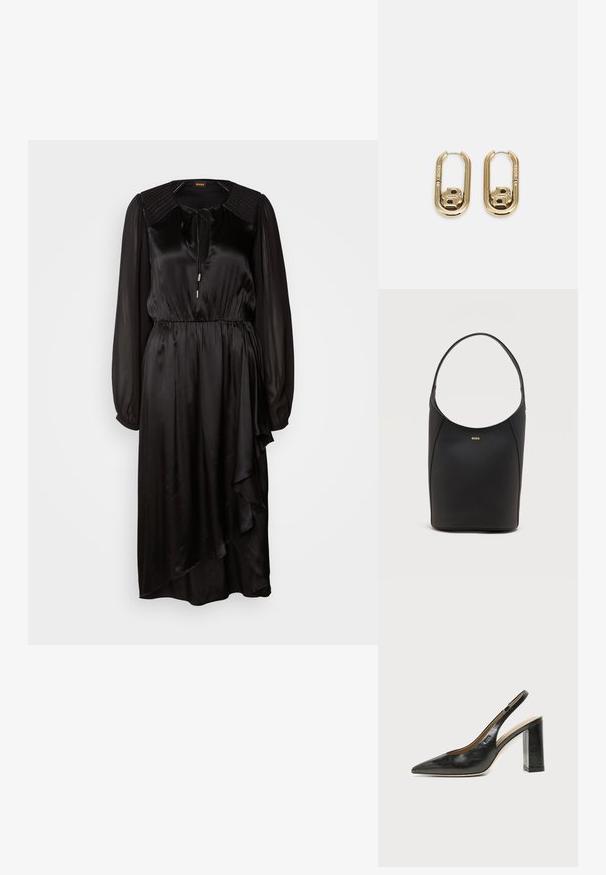 Čierne saténové šaty s dlhými rukávmi, okrúhlym výstrihom a detailom na viazanie. Obsahujú nariasený pás a asymetrický lem s drapériou.; Čierna kožená slingback topánka s ostrým špicom, blokovou ihlou a malým logom na boku, na bielom jednoduchom pozadí.; Čierna kožená kabelka v tvare vačku s jediným ramenným remienkom a malým zlatým logom BOSS umiestneným uprostred blízko hornej časti vpredu.; BOSS DOUBLE B SWING - Náušnice - gold-coloured