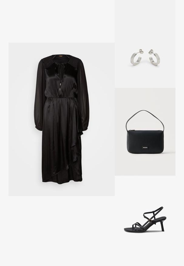 Vestido de satén negro con mangas largas, un escote redondo y un detalle de lazo. Presenta una cintura fruncida y un dobladillo asimétrico con drapeado.; Sandalia negra de cuero con tiras, dos hebillas doradas y tacón de aguja de altura media sobre fondo blanco.; Bolso de hombro rectangular de cuero negro con un pequeño parche dorado con el logo "HUGO" y una sola correa delgada.; Pendientes aros de metal plateado con un diseño texturizado, que cuentan con un pequeño respaldo de clip y una marca en uno de los aros. Forma redondeada con un acabado pulido.