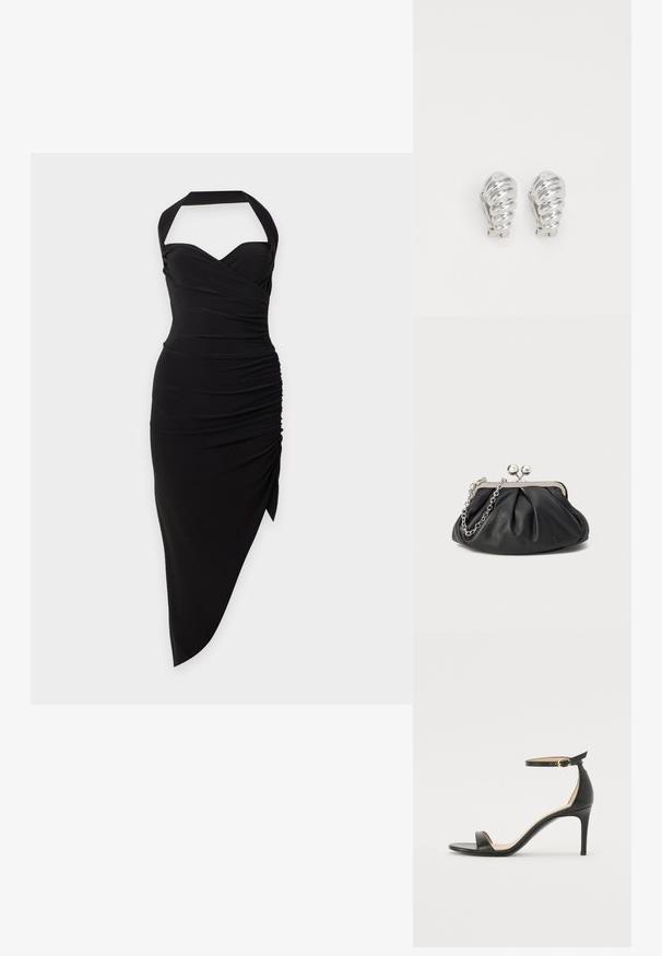 Vestido negro de cuello halter con escote corazón, lateral fruncido y bajo asimétrico sobre un fondo liso claro.; Sándalo de tacón alto de piel negra con tiras en el tobillo. Presenta una textura suave, puntera abierta y un tacón delgado. Detalles de hebilla en tono dorado.; Clutch de cuero negro con textura arrugada, marco de metal en tono plateado, cierre de beso y cadena para colgar. Superficie suave y lisa.; Pendientes de clip plateados con un diseño en espiral, que presentan una textura metálica suave y formas redondeadas. Sin adornos ni patrones visibles.