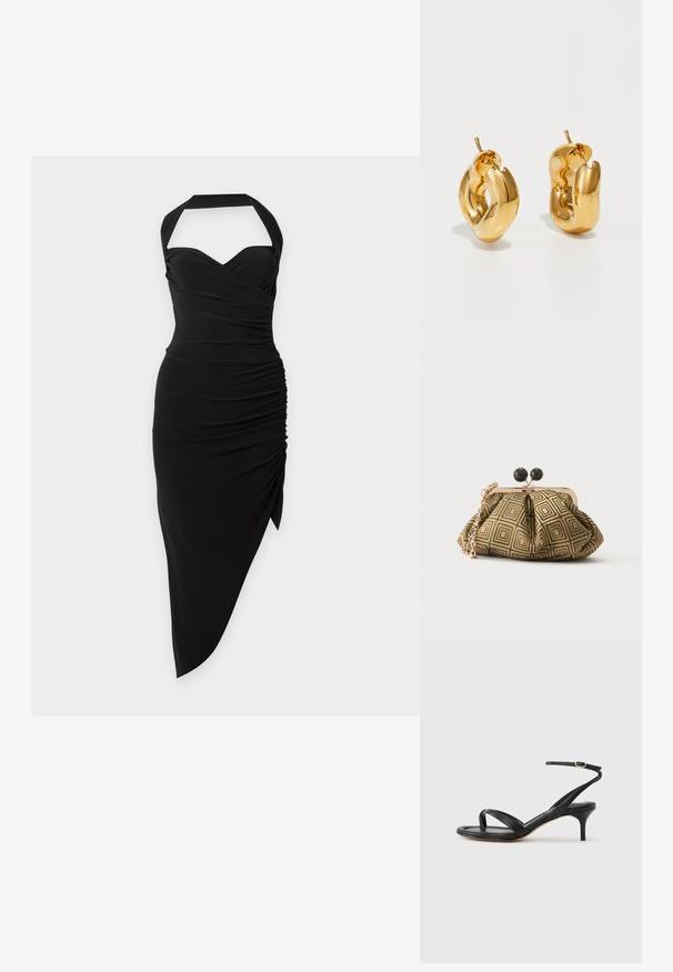Vestido negro de cuello halter con escote corazón, lateral fruncido y bajo asimétrico sobre un fondo liso claro.; Sandalia negra de cuero para mujer con tiras finas, un lazo para el dedo del pie, hebilla en el tobillo y tacón de aguja de altura media sobre un fondo neutro.; Pequeño bolso de mano con patrón geométrico en dorado y negro, marco metálico dorado, cierre de bola negro y una corta correa de cadena dorada.; Pendientes de aro grueso en oro con un diseño tubular ligeramente retorcido y cierre de presión, sobre un fondo blanco.