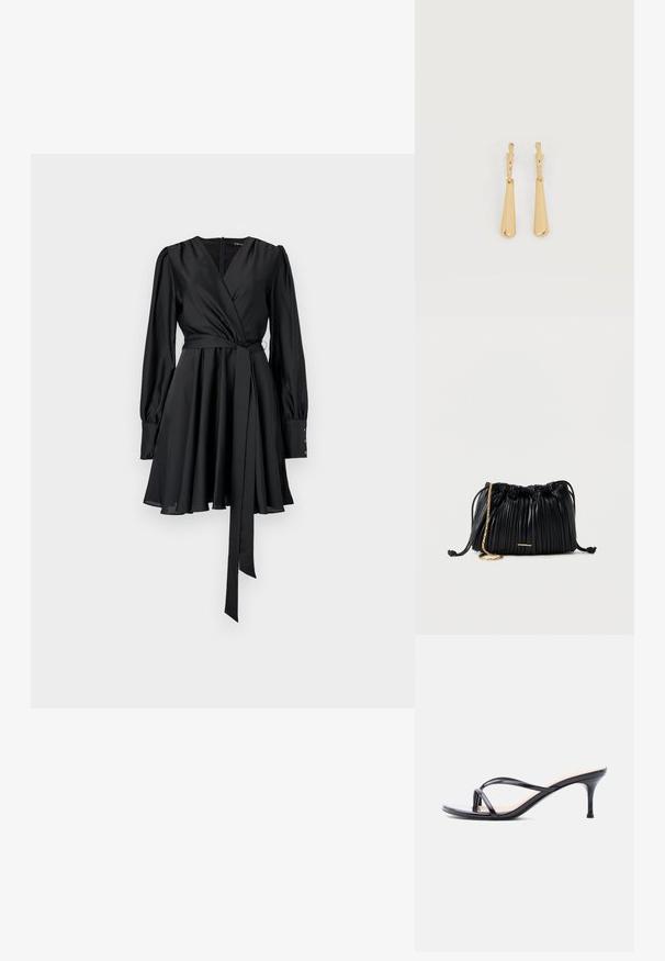 Robe noire à manches longues, en satin doux, avec corsage ajusté, jupe évasée et une ceinture assortie. Détails en boutons sur les poignets.; Sandale à talon en cuir verni noir avec fines lanières croisées et talon aiguille moyen et élancé sur fond blanc.; Sac à main en cuir noir plissé avec cordon de serrage, bandoulière chaîne dorée et petit accent horizontal doré sur le devant.; Boucles d'oreilles pendantes en ton or avec des pendentifs lisses en forme de goutte allongée suspendus à de petites attaches en forme d'anneau sur un fond blanc.
