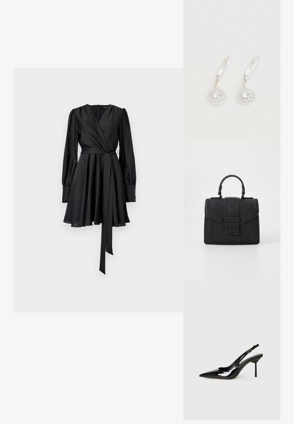 Robe noire à manches longues, en satin doux, avec corsage ajusté, jupe évasée et une ceinture assortie. Détails en boutons sur les poignets.; Sandale à talon aiguille en cuir verni noir à bout pointu, avec une fine sangle et une boucle dorée sur fond blanc.; Sac à main en cuir noir avec une texture matelassée, de forme rectangulaire, une anse supérieure et un rabat frontal doté d'un fermoir en métal argenté.; Boucles d'oreilles créoles argentées avec un design circulaire comprenant une pierre centrale claire entourée de petits accents. Fini lisse, léger.
