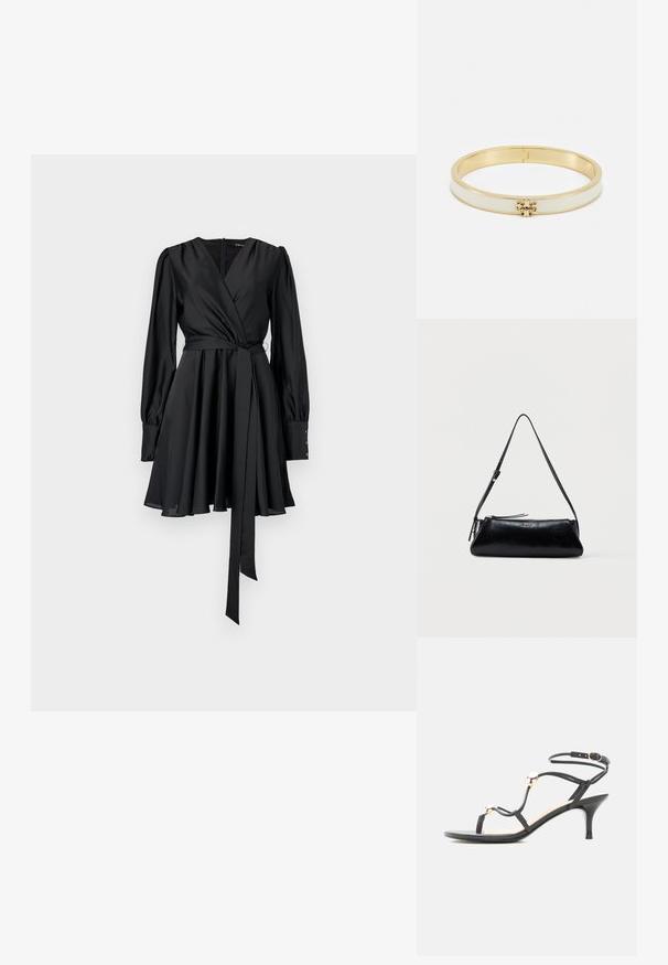Musta kynäruutupuku pitkähihaisilla, pehmeä samettinen rakenne, tiukka vartalo-osa, levenevä hame ja yhteensopiva solmivyö. Napit hihansuissa.; Musta, remmillä varustettu puolikorkea sandaali kultaisilla koristehelmillä ja nilkkaremmi soljella valkoisella taustalla.; Musta nahkainen olkalaukku, jossa ohut säädettävä hihna, vetoketjukiinnitys ja pieni metallinen "GUESS"-logo etuosan keskellä.; Kultainen koruranneketju, jossa on valkoinen emalikaista ja koristeellinen kultainen aksentti keskellä, pyöreä muoto, sileä pinta.