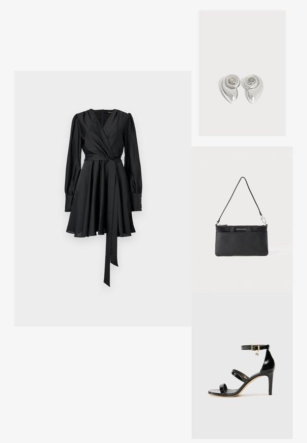 Robe noire à manches longues, en satin doux, avec corsage ajusté, jupe évasée et une ceinture assortie. Détails en boutons sur les poignets.; Sandale en cuir verni noir avec trois brides, boucle de cheville et talon aiguille de 10 cm. Présente un détail en métal doré et un charm logo.; Porte-monnaie en cuir noir, finition texturée, fermeture à glissière, quincaillerie en métal argenté, logo de la marque, bandoulière réglable. Forme compacte et rectangulaire.; Paire de boucles d’oreilles métalliques argentées brillantes avec un design en spirale et une pierre circulaire au centre sur un fond blanc uni.