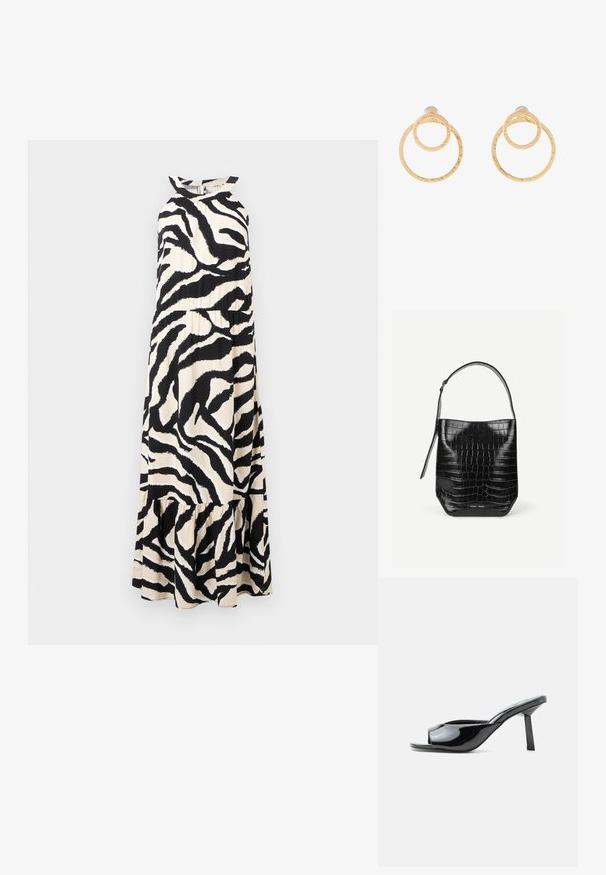 Lang halterneck kjole i let stof med et sort og cream zebra stribemønster og en lagdelt flæse-ende.; Blank sort åben tå mule med en firkantet mellemhøj hæl og en buet rem over fronten på hvid baggrund.; Sort spandtaske i krokodillepræget læder med enkelt skulderrem og lille sølvfarvet mærkelogo foran nederst i midten.; Guldfarvede hoopsøreringe med to sammenkoblede cirkler og en struktureret overflade. Designet med en glat og sikker bagbeklædning.