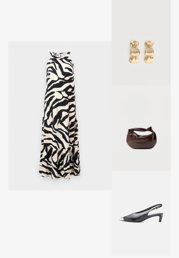 Lange halternek jurk van lichtgewicht stof met een zwart en crèmekleurig zebra-strip patroon en een tiered rucheszoom.; Zwarte gepatineerde leren slingback hak met een spitse neus, metallic gouden kapdetail en een middelgrote blokhak. Inclusief verstelbare enkelband.; Donkerbruine leren schoudertas met een zachte, slungelige vorm en een gedraaide knoopvormige handgreep op een effen witte achtergrond.; Oorbellen in goudkleur met drie onregelmatige, gladde, afgeronde segmenten die verticaal opgestapeld zijn op een egale lichte achtergrond.