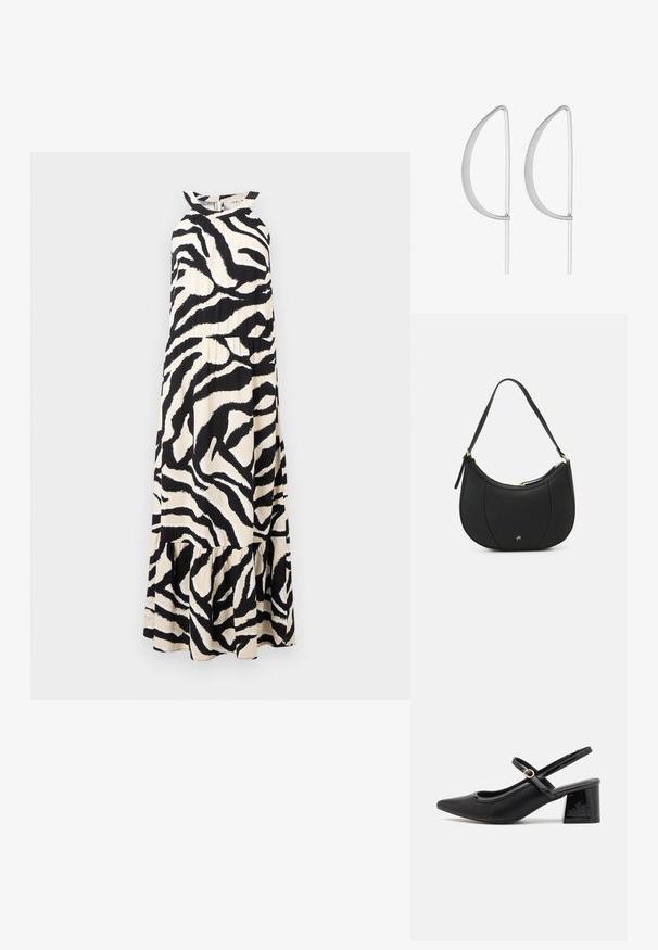Kerge kangast pikk hõlmikas dress, millel on must ja kreemjas zeebra triibuline muster ning kihiline volangiveerg.; Mustad läikivad nahast slingback-kõrged kontsad, millel on terav nina, ümar lõikekujundus ja blokknina. Omab kuldset nupu aktsenti.; Must läikivast mustast nahast käsipastest, millel on kumer kuju, tekstuuriga pind, eesmine õmblus ja kuldse tooni logo. Varustatud ühe reguleeritava rihmaga.; Hõbedased metallist kõrvarõngad minimalistikus kõverdisainis, millel on piklikud, avatud pisarakujulised vormid ja matistatud pind.