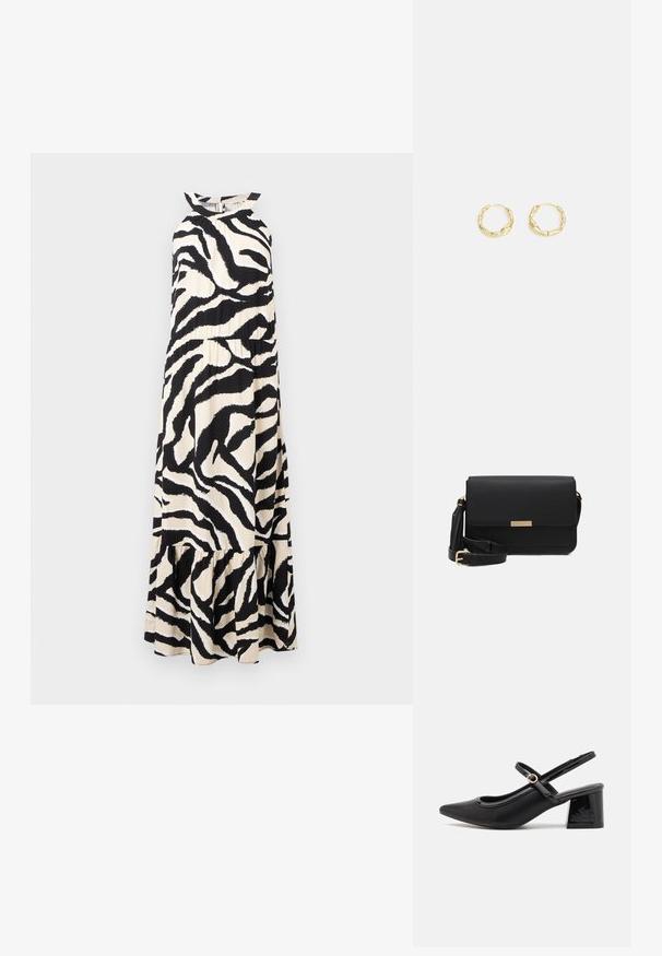 Lang halterneck kjole i let stof med et sort og cream zebra stribemønster og en lagdelt flæse-ende.; Sorte patentlæder slingback hæle med spids tå, rund udskæring og blokhæl. Har en guldtonet spændeaccents.; Sorte læder crossbody taske med flaplukning, guldfarvede Hardware, justerbar rem og tekstureret overflade. Kompakt rektangulær form.; Guld hoops øreringe med en tekstureret, ujævn overflade. Har et let design og cirkulær form, egnet til hverdagsbrug.