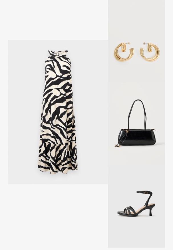 Lang halterneck kjole i let stof med et sort og cream zebra stribemønster og en lagdelt flæse-ende.; Sorte høje hæle sandaler med flere tynde stropper over tæerne, en enkelt ankelstrop med en gylden spænde og en firkantet tå.; Sort rektangulær håndtaske med to lange stropper, guldringdetalje og lynlåslukning på en ensfarvet lys baggrund.; Par af skinnende gyldne dobbelt loop øreringe med stift-lukning på hvid baggrund.