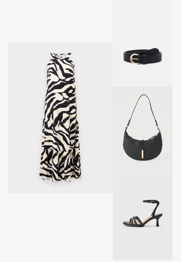 Lange halternek jurk van lichtgewicht stof met een zwart en crèmekleurig zebra-strip patroon en een tiered rucheszoom.; Zwarte sandalen met hakken, voorzien van meerdere dunne banden over de tenen, een enkele enkelband met een gouden gesp en een vierkante neus.; Zwarte handtas in halve maanvorm met een enkele band, gouden rits en een gouden rechthoekige decoratieve tab aan de voorkant.; Zwarte leren riem met een gouden metalen gesp, platte textuur en een enkele lus; heeft een gladde afwerking en een minimalistisch ontwerp.