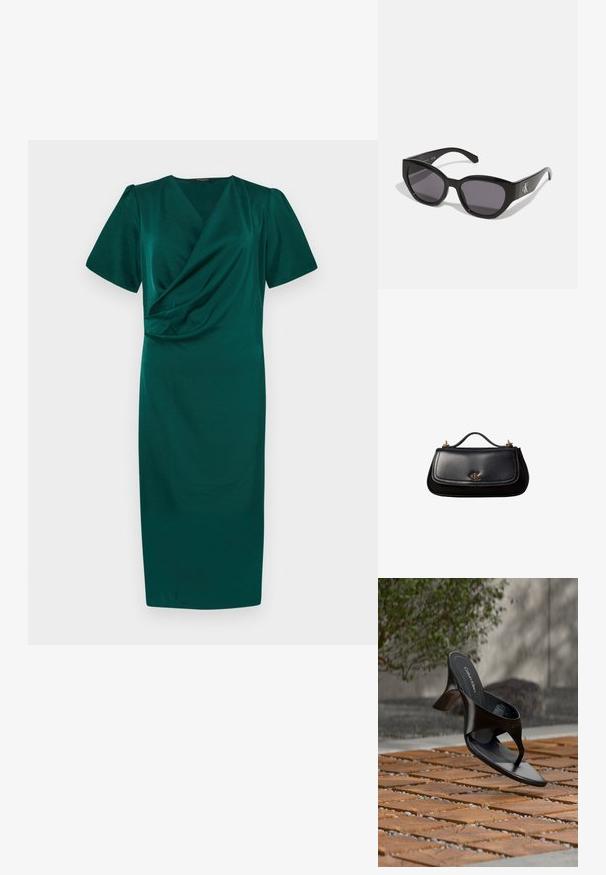 Robe teal à longueur genou avec un design en portefeuille, manches courtes bouffantes et texture lisse. Dispose d'un décolleté en V profond et de fronces à la taille.; Sandale à talon noire Calvin Klein en forme de tongs flottant au-dessus d'une surface extérieure carrelée avec de la verdure et un mur en béton en arrière-plan.; Lunettes de soleil noires au design lisse et angulaire, avec des verres foncés et un logo en argent contrastant sur le côté. Texture en plastique lisse.; Sac à main en cuir noir avec une petite poignée, logo "cK" doré sur le rabat avant, et accessoires dorés.