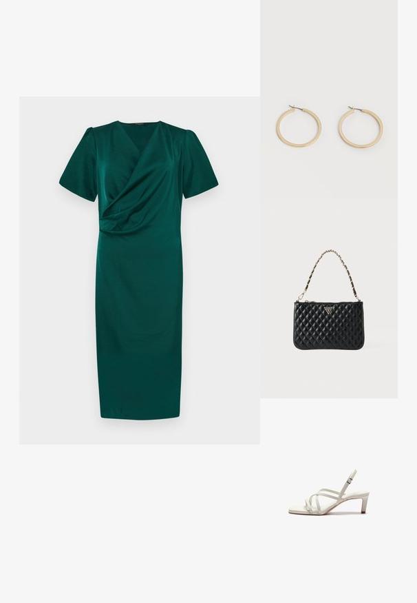 Robe teal à longueur genou avec un design en portefeuille, manches courtes bouffantes et texture lisse. Dispose d'un décolleté en V profond et de fronces à la taille.; Zign Escarpins - off white; Sac à main matelassé noir en cuir synthétique, doté d'une anse chaîne, d'une plaque logo dorée et d'une fermeture éclair.; Paire de boucles d'oreilles créoles moyennes lisses ton or avec fermoirs à charnière sur fond clair uni.