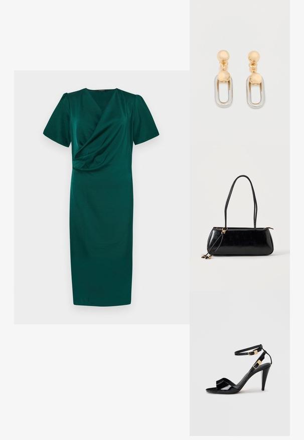 Robe teal à longueur genou avec un design en portefeuille, manches courtes bouffantes et texture lisse. Dispose d'un décolleté en V profond et de fronces à la taille.; Sandale à talon haut en cuir verni noir avec double bride de cheville et boucles dorées, bout ouvert, et talon effilé sur fond neutre.; Sac à main rectangulaire noir avec deux longues bandoulières, détail anneau doré et fermeture éclair sur un fond clair uni.; Boucles d'oreilles en or et argent avec un dessus sphérique et un élément pendant ovale allongé à finition brillante.